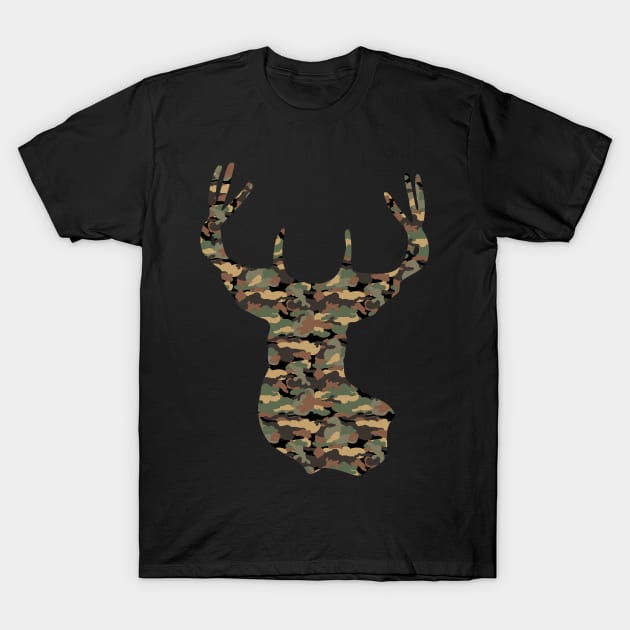 Buck Deer in Camouflage Pattern | Tree Bark Brown T-Shirt by CheriesArt